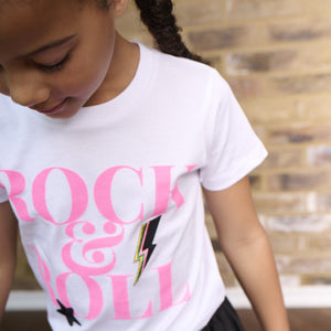 White Tee with Neon 'Rock & Roll' Print