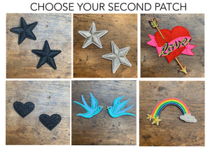 6 options of iron on patches - 2 black stars, 2 silver stars, a ref heart with 'love' word embroidered in it, 2 black hearts, 2 blue birds and a rainbow patch